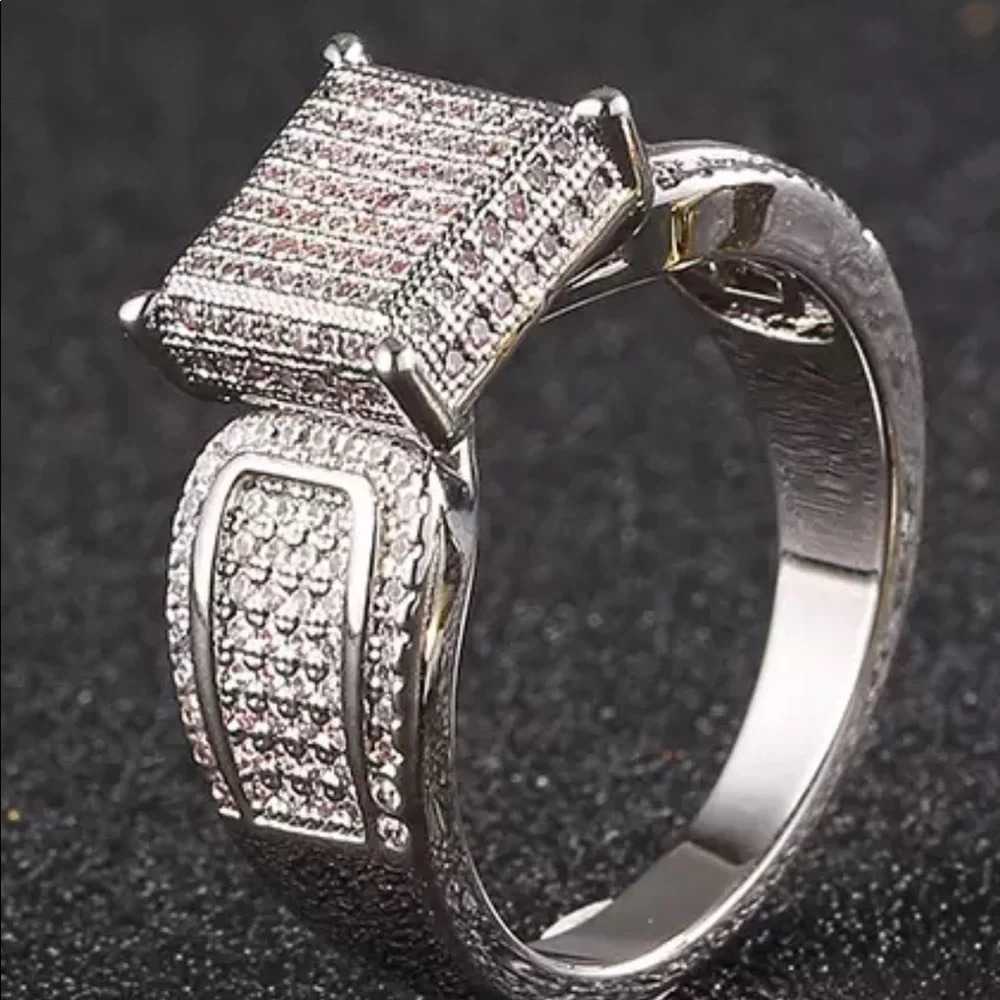 Fashion luxury bling iced out geometric CZ silver tone faux  diamonds ring - Picture 3 of 7